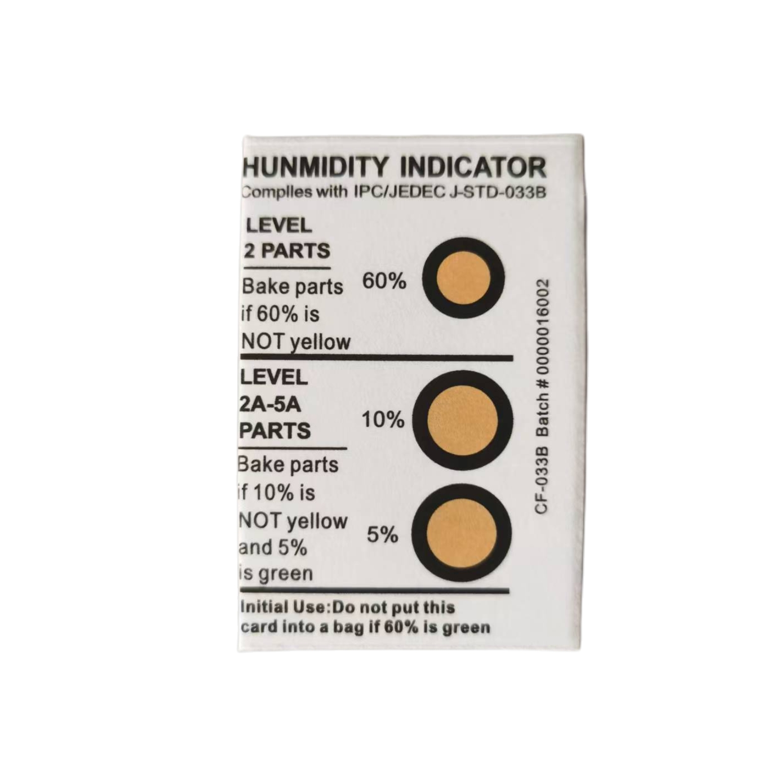 5%-10%-60% Cobalt And Halogen Free Humidity Indicator Card (HIC) Yellow To Green